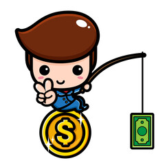 cute businessman boy cartoon vector design fishing for money