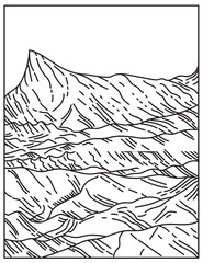 Mono line illustration of Death Valley National Park that straddles the California Nevada border, east of the Sierra Nevada, United States done in retro black and white monoline line art style.