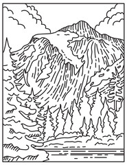 Mono line illustration of North Cascades National Park located in northern Washington State, United States of America done in retro black and white monoline line art style.