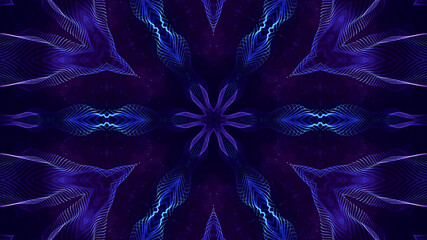 3d render. Blue motion design bg with symmetrical star pattern. Abstract sci-fi background with glow particles form curved lines, surfaces, hologram or virtual digital space. Floral structure