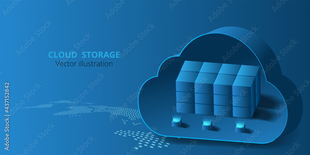 Aufkleber  Cloud data storage concept.Vector illustration Cloud storage on world map.Isometric modern cloud technology on Dark blue background.