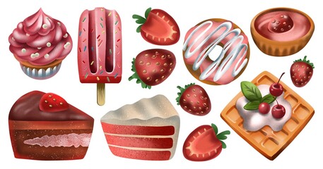 Hand drawing set cute pink sweet food isolated on white background. Use for menu, restaurant, print, poster, card, invitation, advertising