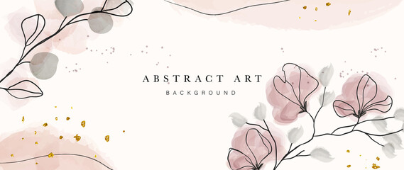 Fototapeta na wymiar Abstract art botanical pink background vector. Luxury wallpaper with pink and earth tone watercolor, leaf, flower, tree and gold glitter. Minimal Design for text, packaging, prints, wall decoration.