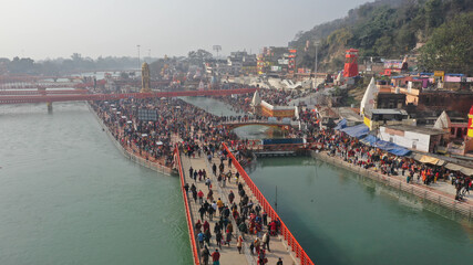 Pilgrims Holy dip in river Ganges, The Home of Pilgrims in India, Kumbh Nagri Haridwar Uttarakhand...