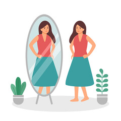 Woman looking herself full body in mirror flat design on white background. Self confidence. Happy female love her body shape and dress.