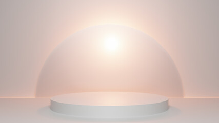 White podium decoration with scene summer background, Display  for cosmetic products. Stage showcase on pedestal 3d orange studio, Natural beauty backdrop for product display, render and illustation.
