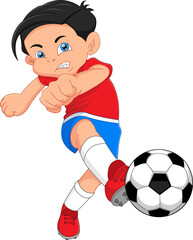 Obraz premium cartoon boy playing soccer and kicking the ball