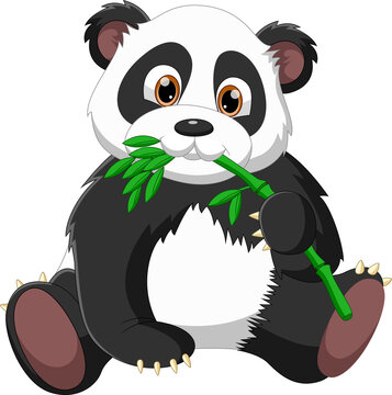 Cartoon baby panda eating bamboo
