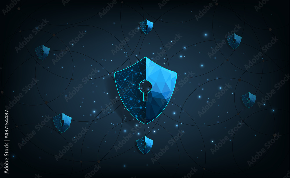 Poster internet security concept.shield network symbol on dark blue background.illustrates cyber data secur