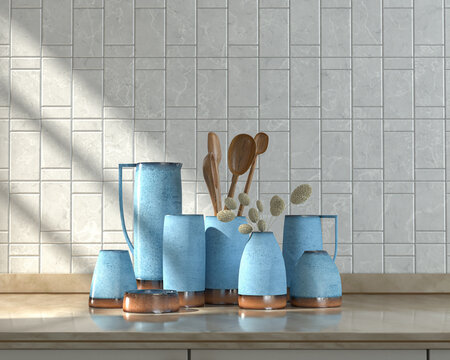 Front view kitchen with marble kitchen countertop and various jars, carafe and wooden spoon sets on it under warm morning sunshine, alternating white tiled wall, 3d Rendering