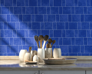 Front view kitchen with marble kitchen countertop and some dishes on it under warm morning sunshine, blue alternating ceramic tiled wall, 3d Rendering