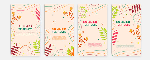 Colorful floral flower leaves abstract background with post stories social media template. Cute set of Summer Spring Flowers vertical banners