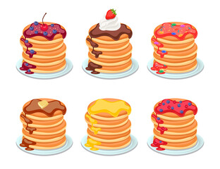 Set of tasty pancakes with different toppings. Pancakes on white plate. Baking with syrup, berries, butter or honey. Breakfast concept for banner, flyer designs