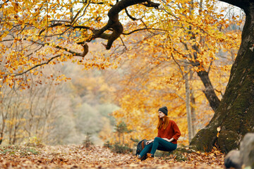 Naklejka na ściany i meble travel tourism woman model in autumn forest falling leaves landscape nature park