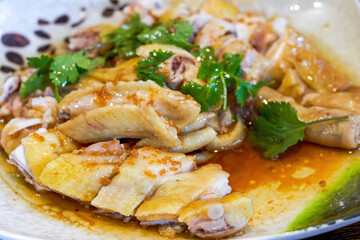 A delicious classic Cantonese dish, white-cut chicken in soy sauce