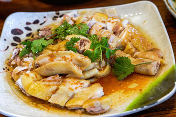 A delicious classic Cantonese dish, white-cut chicken in soy sauce