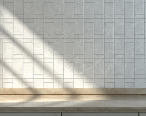 Empty marbel kitchen counter,  alternating white tiled wall under morning sunshine, warm kitchen scene, 3d Rendering