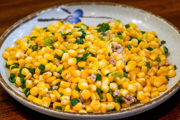 A delicious Chinese dish, fried corn with minced meat