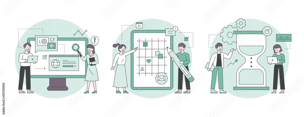 Poster people setting goals looking at the giant hourglass and mobile scheduler. people analyzing informati
