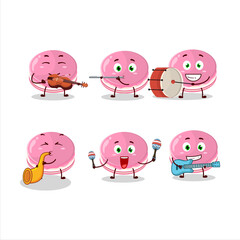 Cartoon character of strawberry dorayaki playing some musical instruments