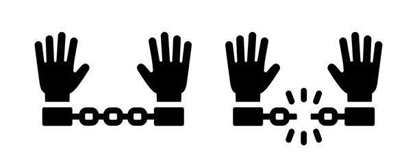 hands with chain and broken chain handcuffs icons.