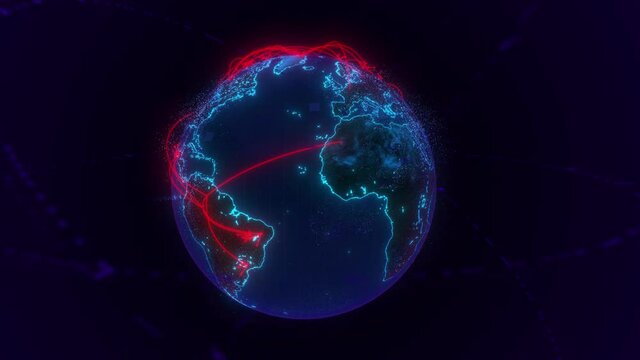 Rotating planet on a night background with glowing lines. Great textless background video with room for your text. Perfect for presentations.