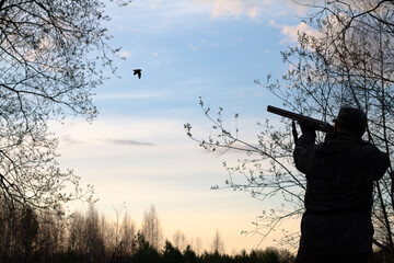 the silhouette of a hunter who shoots a flying woodcock against the background of the sunset - obrazy, fototapety, plakaty