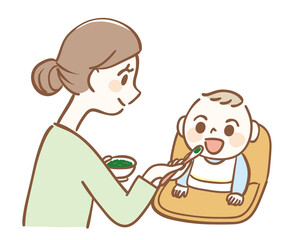 赤ちゃんに離乳食を食べさせるお母さん