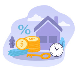 vector hand drawn illustration on the theme of mortgage, banking services. house, stack of banknotes, coins, key. trendy illustration in flat style