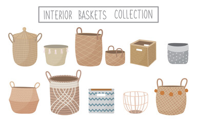 Set of hand drawn interior wicker, woven, rattan, wood baskets. Trendy empty storage items in doodle style. Traditional basket vector illustration.