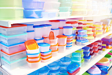Plastic kitchen food containers in store
