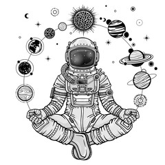 Monochrome drawing: animation Astronaut in a space suit holds planets of the solar system. Vector illustration isolated on a white background. Print, poster, t-shirt, card. © roomyana