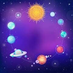 Animation solar system. Vector illustration. Background - night star sky. place for the text.