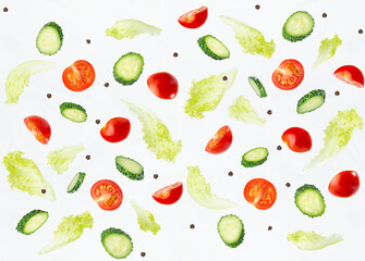Organic salad ingredients - cherry tomato, cucumber, green salad flying and falling on white wall. Vegetables seamless pattern.