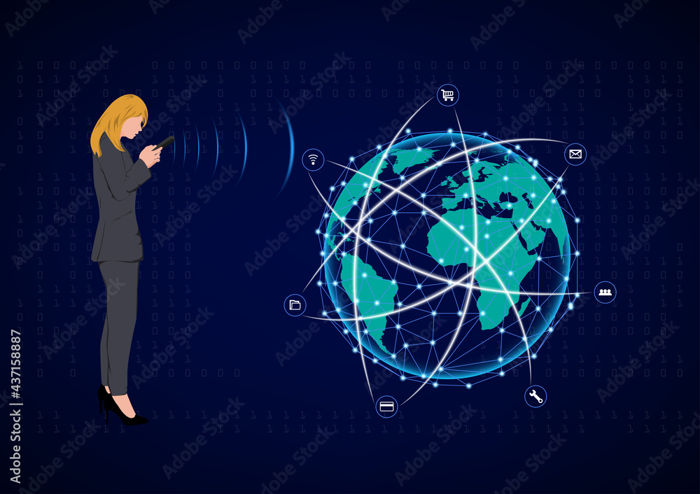 Poster business woman standing and using smartphone for connection by technology, concept anytime anywhere 