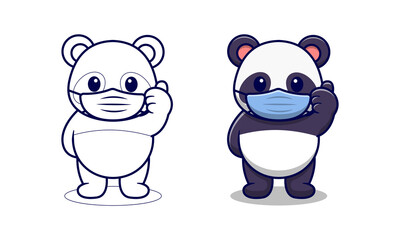 Naklejka na ściany i meble Cute panda wearing mask cartoon coloring pages for kids
