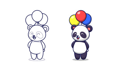 Cute panda holding balloons cartoon coloring page for kids