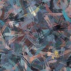 Seamless random faux digital paint stroke pattern print. High quality illustration. Procedural painting with realistic brush strokes in bright trendy colors. Abstract art for surface design and print.