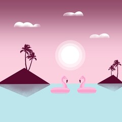 summer beach scene with trees and inflatable flamingos flat illustration 