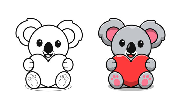 Cute koala holding love cartoon coloring pages for kids
