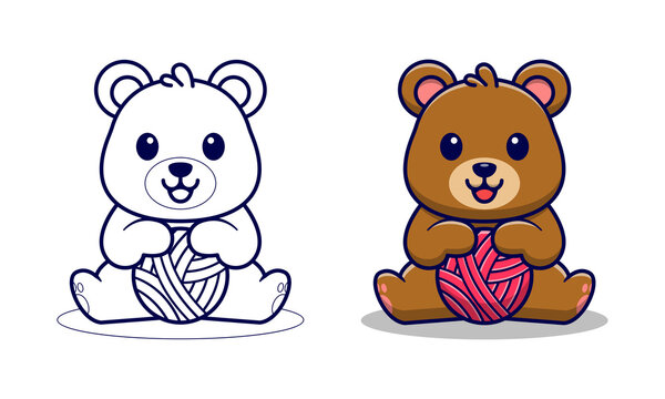 Cute Bear With Ball Yarn Cartoon Coloring Pages For Kids