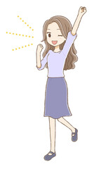 はりきって手を上げる私服女性