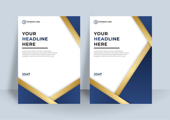 Fototapeta premium Abstract blue gold and white cover business background. Set of abstract round shape graphic elements on blue background for Brochure, Flyer, Poster, leaflet, Annual report, Book cover, Graphic Design