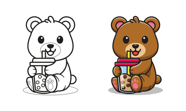 Cute bear with bubble tea cartoon coloring pages