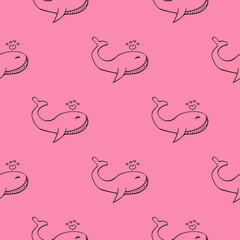 Cute and delicate seamless pattern with whales on pink background. Vector children's illustration for children's room design, clothing, gift wrapping paper.