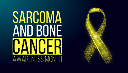 Sarcoma and bone cancer awareness month сoncept. Banner template with glowing low poly yellow ribbon. Wireframe modern abstract background. Vector illustration.