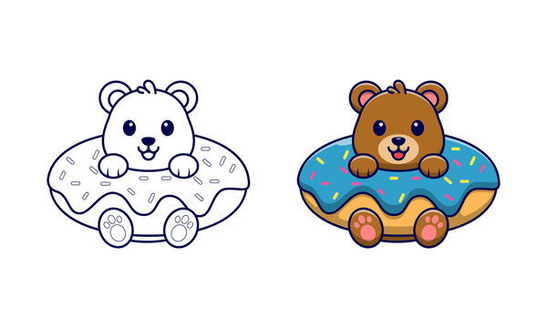 Cute bear with donuts cartoon coloring pages for kids