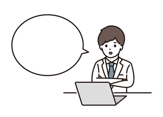 パソコンの前で腕組みをして悩む男性薬剤師 吹き出し