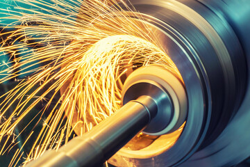 Internal grinding of a cylindrical part with an abrasive wheel on a machine, sparks fly in different directions. Metal machining. - obrazy, fototapety, plakaty