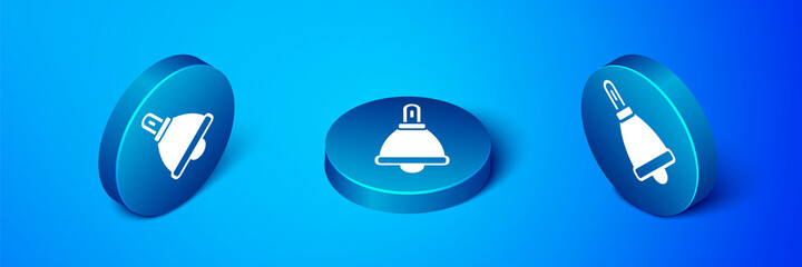 Isometric Ringing bell icon isolated on blue background. Alarm symbol, service bell, handbell sign, notification symbol. Blue circle button. Vector